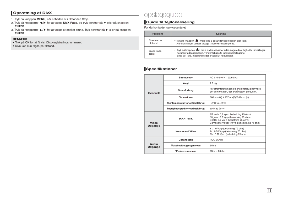 Samsung DVD-D360/XE manual Opslagsguide, Opsætning af DivX, Guide til fejllokalisering, Specifikationer 