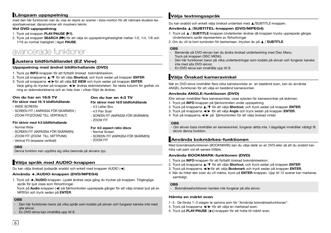 Samsung DVD-D360/XE manual Avancerade funktioner 