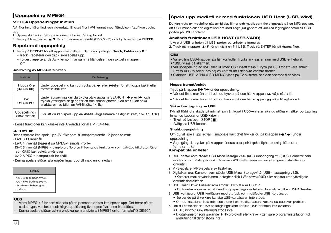 Samsung DVD-D360/XE manual Uppspelning MPEG4, Repeterad uppspelnig, Spela upp mediefiler med funktionen USB Host USB-värd 