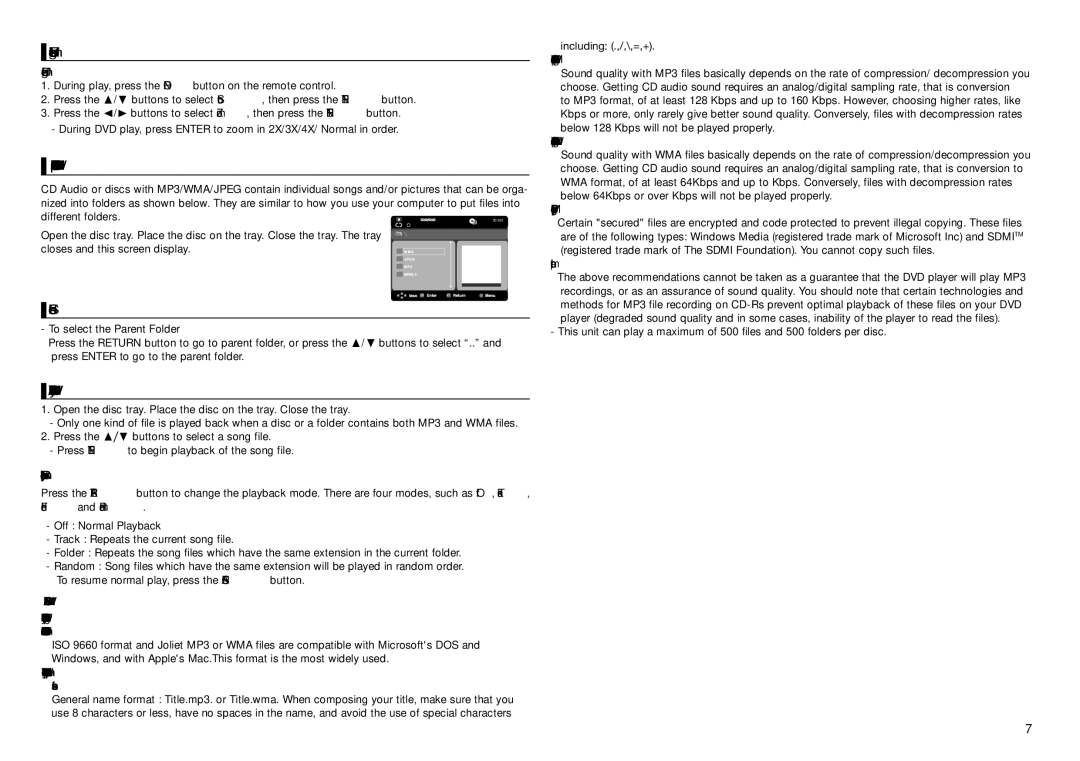 Samsung DVD-D360/XE, DVD-D360/XN Using the Zoom Function, Clips Menu for MP3/WMA/JPEG/MPEG4/CD Audio, Folder Selections 