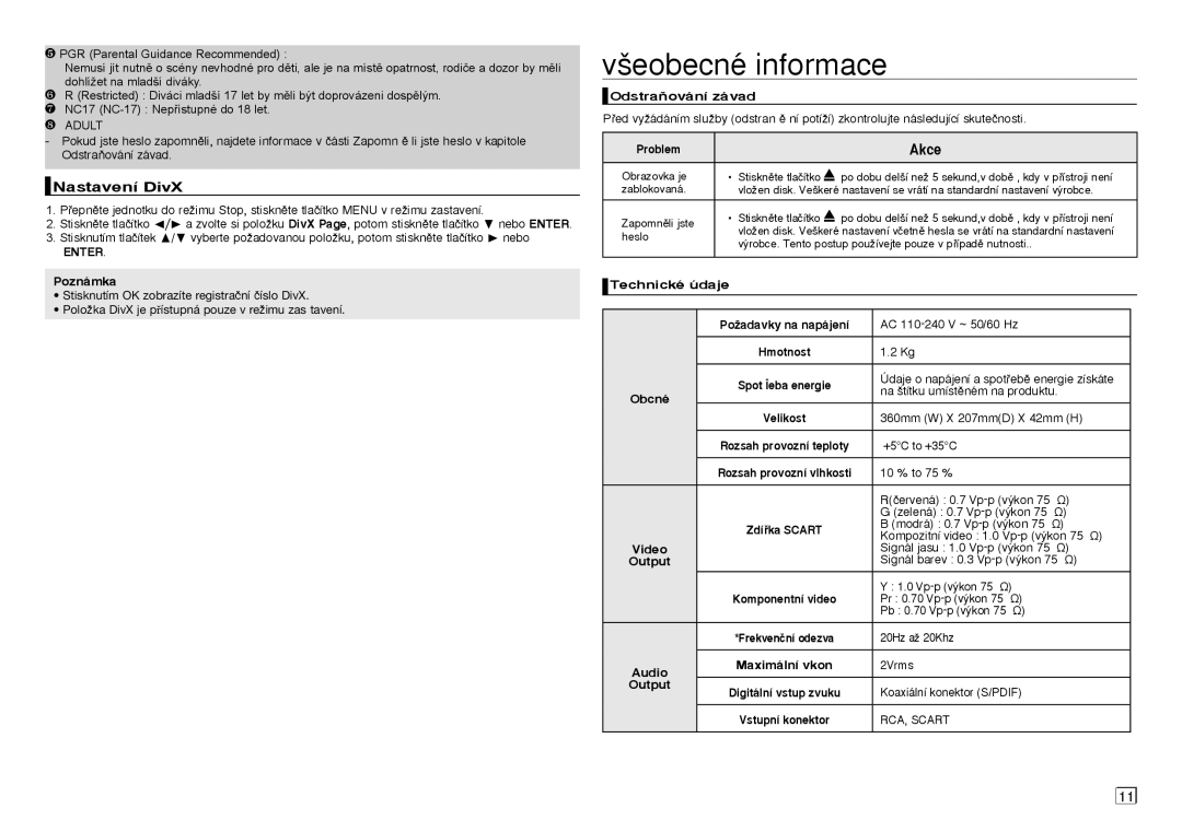 Samsung DVD-D360/XE, DVD-D360/XN, DVD-D360/EN, DVD-D360/ZF manual ‰eobecné informace, Nastavení DivX 