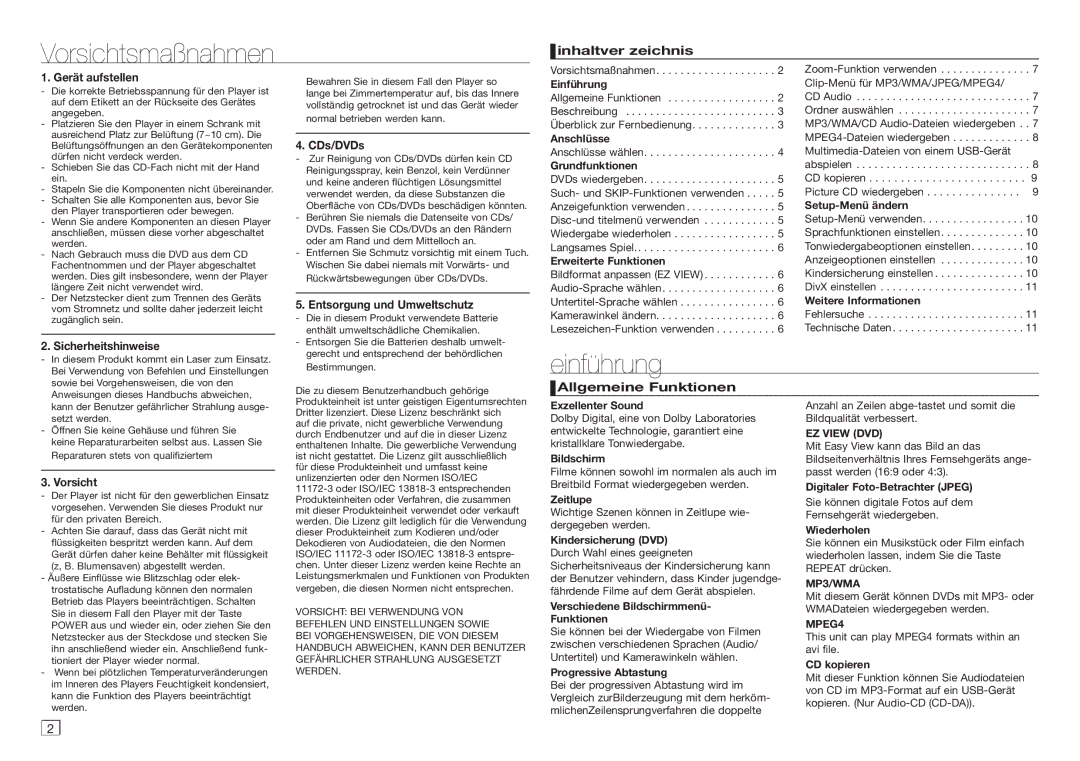 Samsung DVD-D360/ZF, DVD-D360/XN, DVD-D360/EN, DVD-D360/XE manual Vorsichtsmaßnahmen, Einführung 