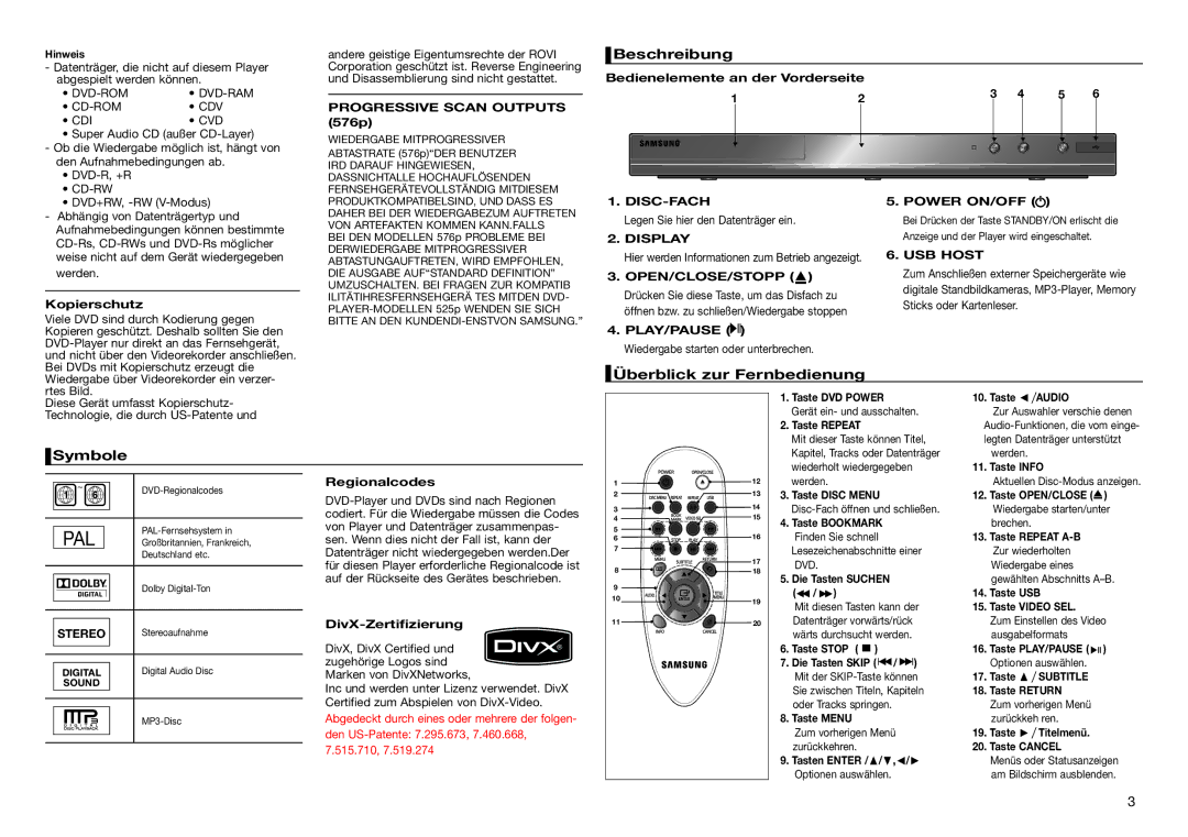 Samsung DVD-D360/XE, DVD-D360/XN, DVD-D360/EN, DVD-D360/ZF manual Beschreibung, Überblick zur Fernbedienung, Symbole 