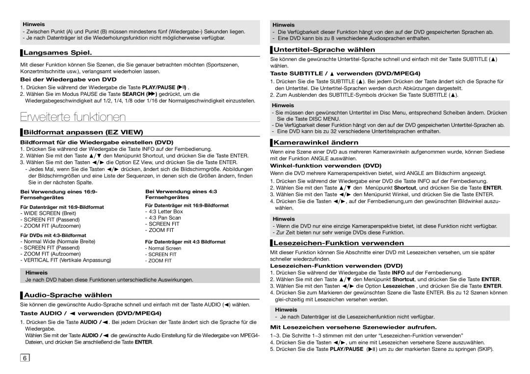 Samsung DVD-D360/ZF manual Langsames Spiel, Bildformat anpassen EZ View, Audio-Sprache wählen, Untertitel-Sprache wählen 