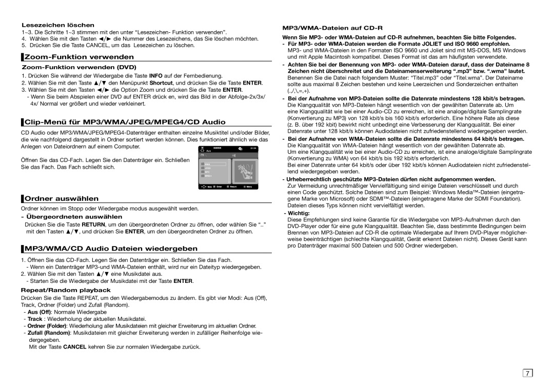 Samsung DVD-D360/XE, DVD-D360/XN manual Zoom-Funktion verwenden, Clip-Menü für MP3/WMA/JPEG/MPEG4/CD Audio, Ordner auswählen 