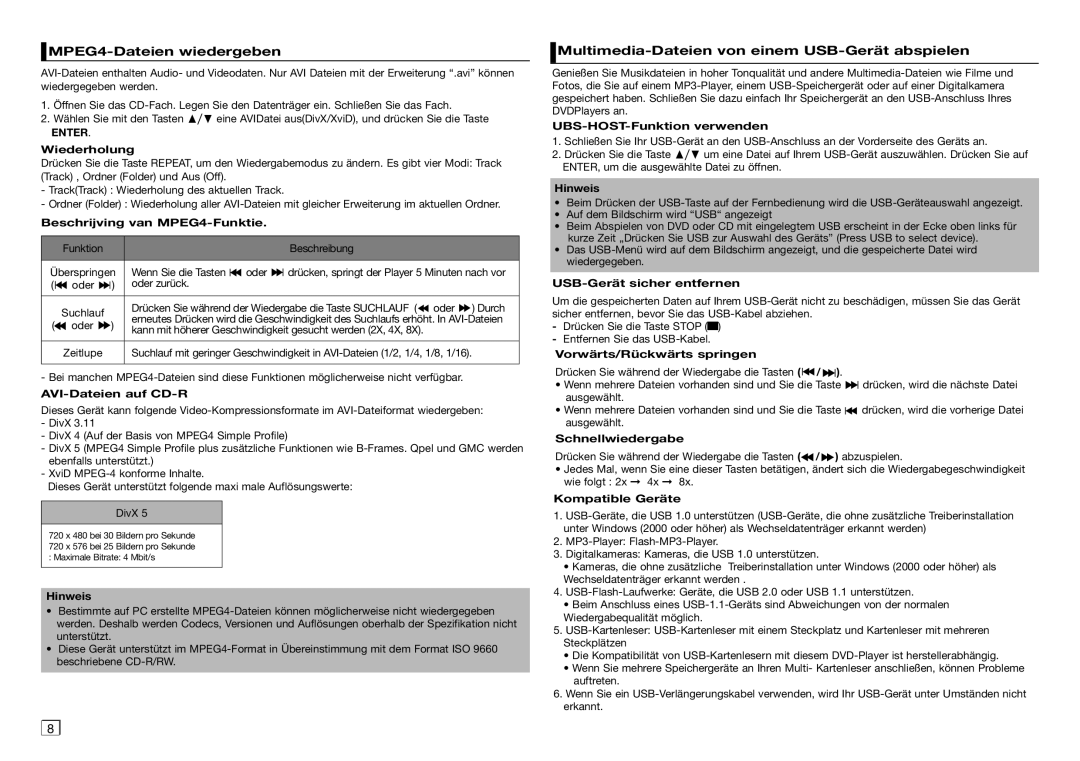 Samsung DVD-D360/XN, DVD-D360/EN, DVD-D360/ZF MPEG4-Dateien wiedergeben, Multimedia-Dateien von einem USB-Gerät abspielen 