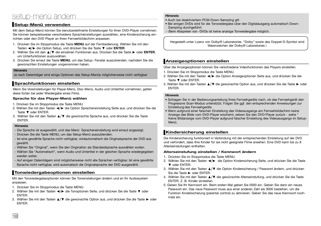 Samsung DVD-D360/ZF, DVD-D360/XN, DVD-D360/EN, DVD-D360/XE manual Setup-menü ändern 