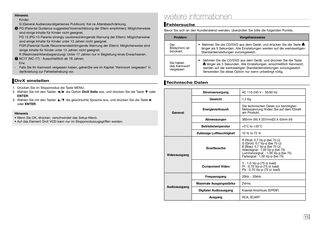 Samsung DVD-D360/XE, DVD-D360/XN, DVD-D360/EN manual Weitere informationen, DivX einstellen, Fehlersuche, Technische Daten 
