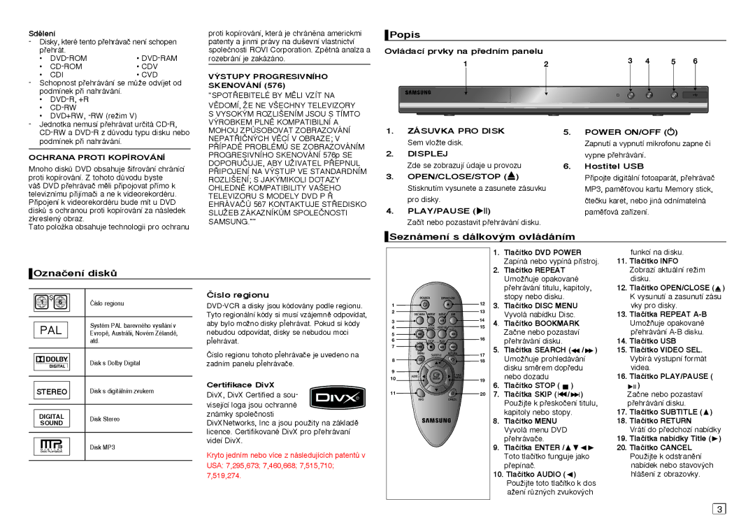 Samsung DVD-D360/XE, DVD-D360/XN, DVD-D360/EN, DVD-D360/ZF manual Popis, Seznámení s dálkov˘m ovládáním, Oznaãení diskÛ 