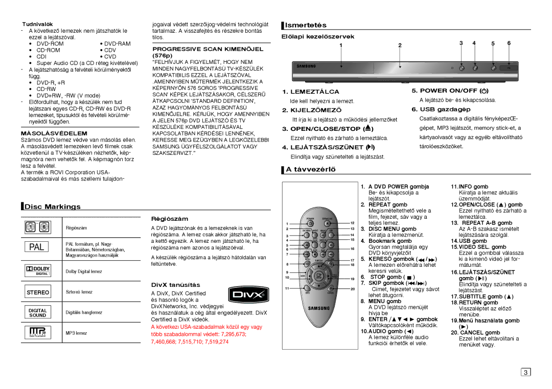 Samsung DVD-D360/XE, DVD-D360/XN, DVD-D360/EN, DVD-D360/ZF manual Ismertetés, TávvezérlŒ, Disc Markings 