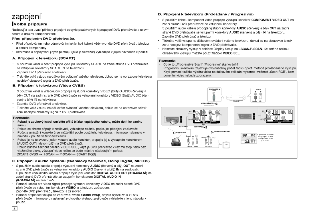 Samsung DVD-D360/XN, DVD-D360/EN, DVD-D360/ZF, DVD-D360/XE manual Zapojení, Volba pipojení 