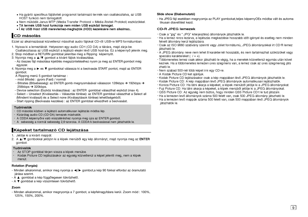 Samsung DVD-D360/EN, DVD-D360/XN CD másolás, Képeket tartalmazó CD lejátszása, Rotation Forgás, Slide show Diabemutató 