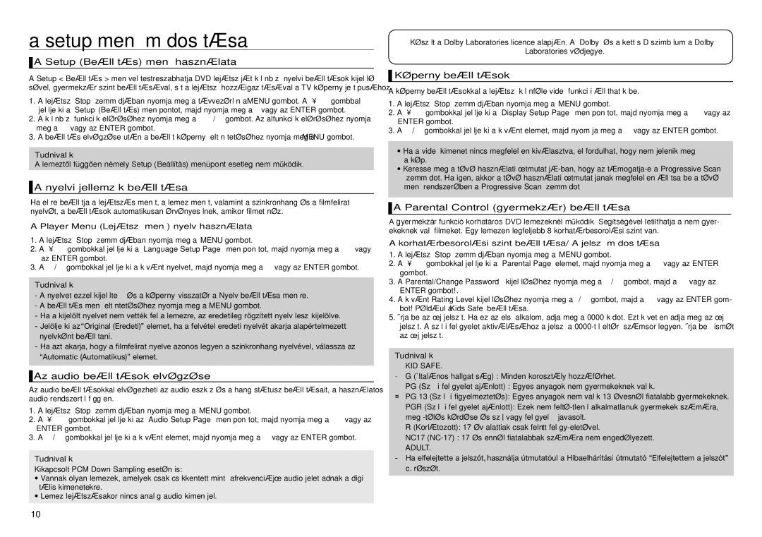 Samsung DVD-D360/ZF, DVD-D360/XN, DVD-D360/EN, DVD-D360/XE manual Setup menü módosítása 