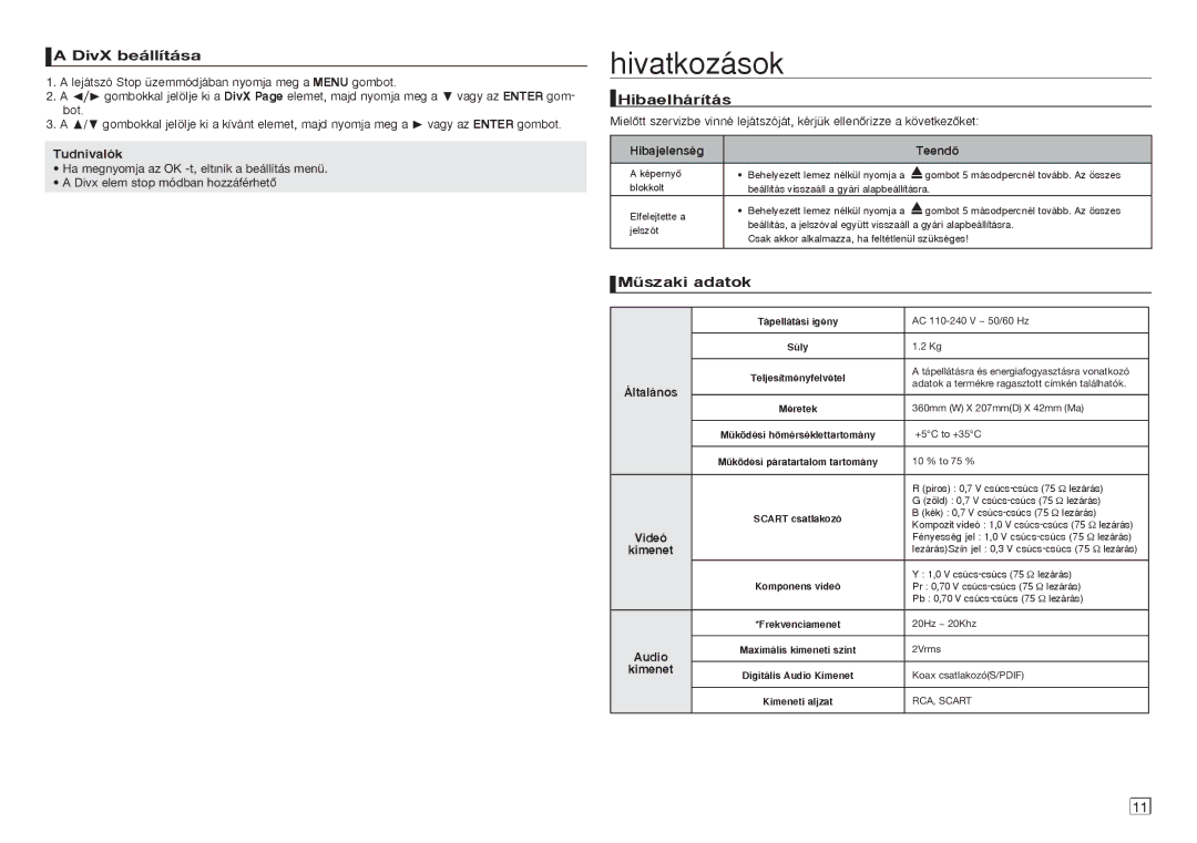 Samsung DVD-D360/XE, DVD-D360/XN, DVD-D360/EN, DVD-D360/ZF manual Hivatkozások, DivX beállítása, Hibaelhárítás, Mıszaki adatok 