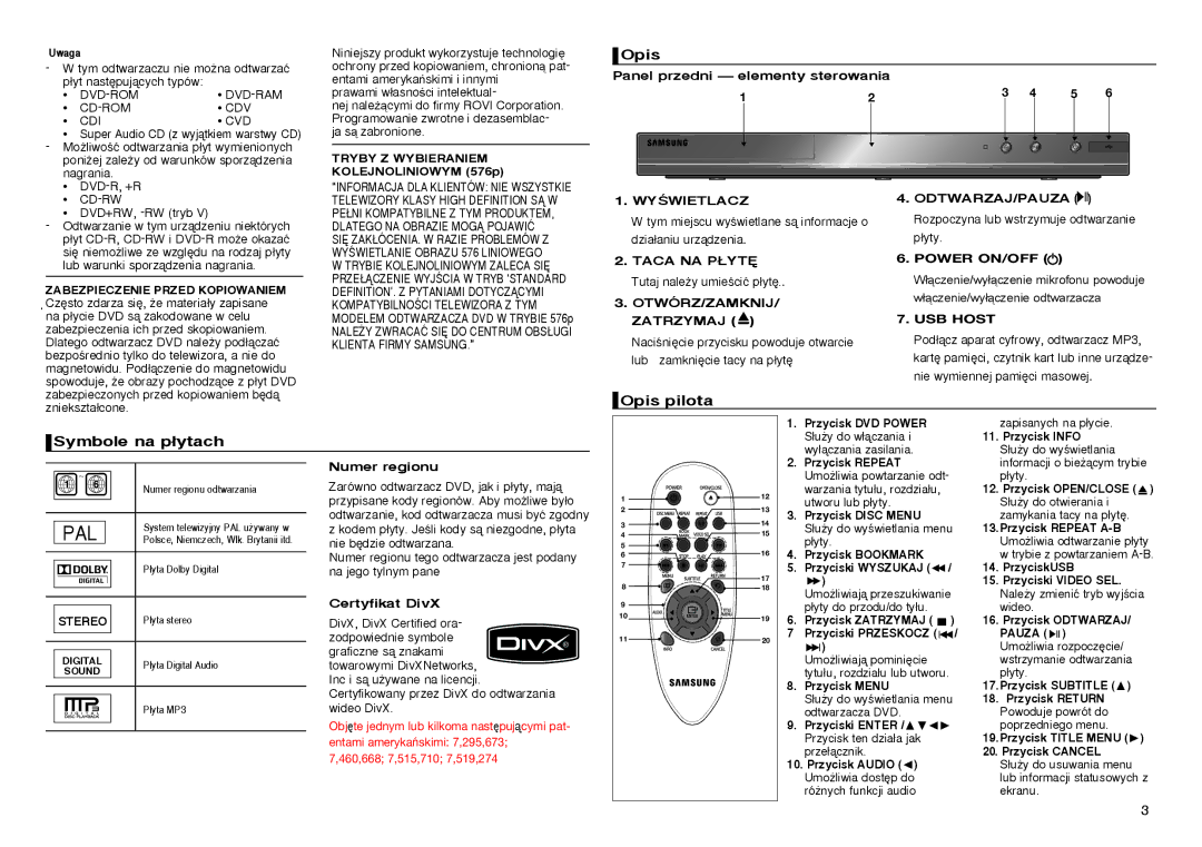 Samsung DVD-D360/XE, DVD-D360/XN, DVD-D360/EN, DVD-D360/ZF manual Opis pilota Symbole na p∏ytach 