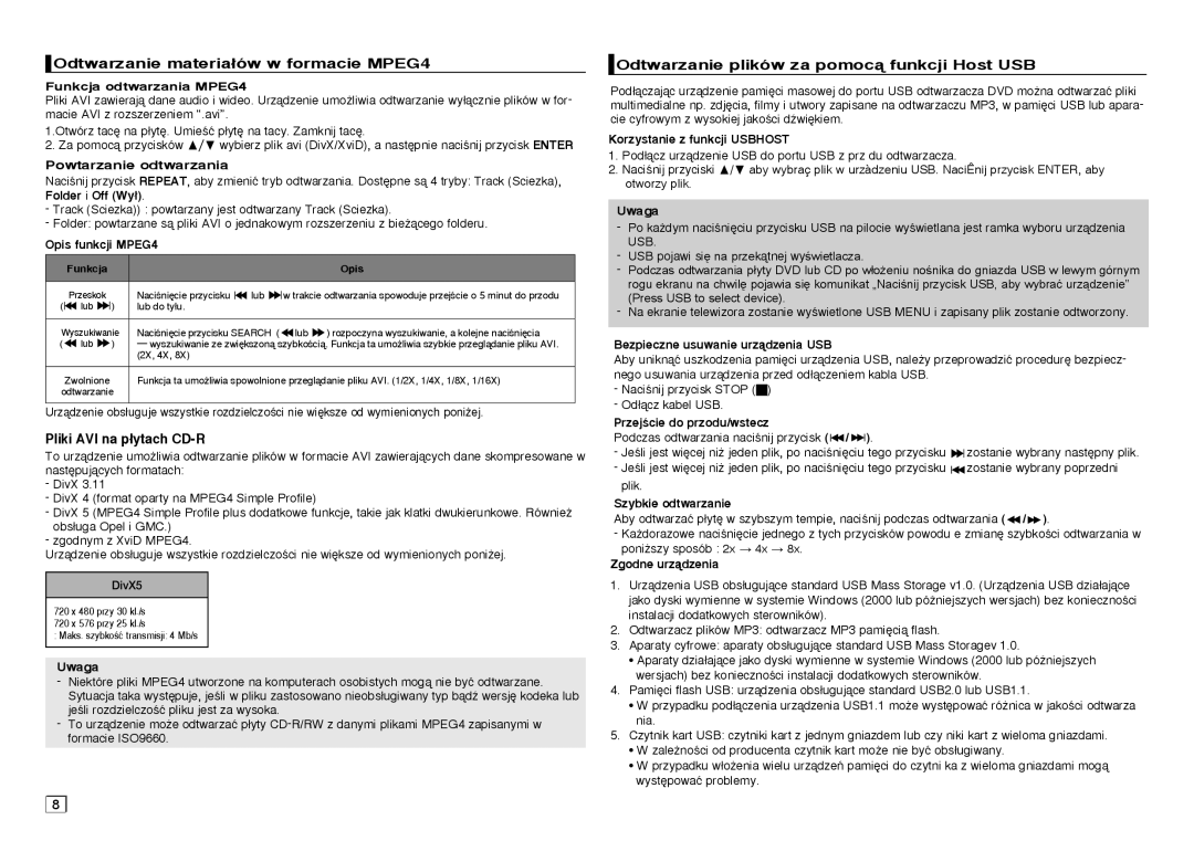 Samsung DVD-D360/XN, DVD-D360/EN, DVD-D360/ZF manual Odtwarzanie materia∏ów w formacie MPEG4, Pliki AVI na p∏ytach CD-R 