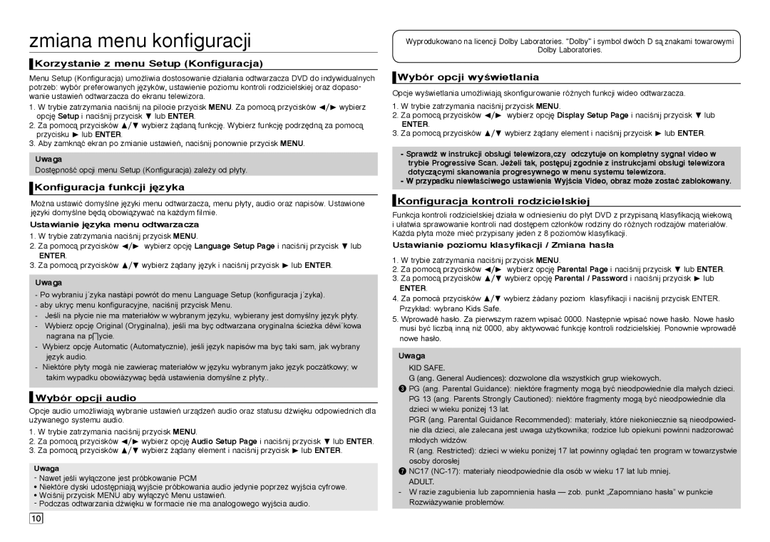 Samsung DVD-D360/ZF, DVD-D360/XN, DVD-D360/EN, DVD-D360/XE manual Zmiana menu konfiguracji 