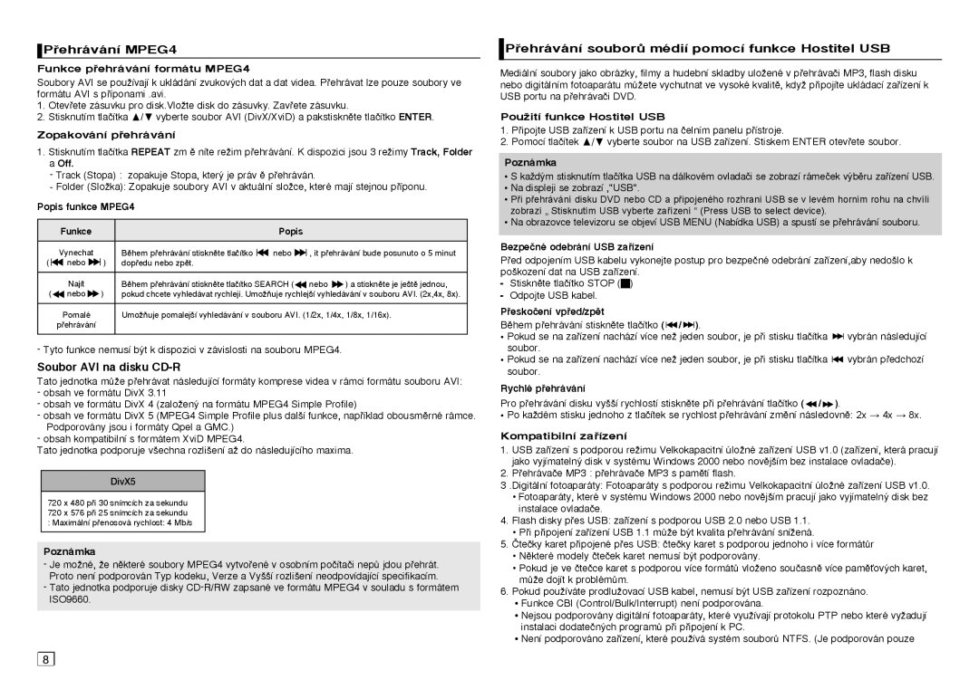 Samsung DVD-D360/XN manual ehrávání MPEG4, Soubor AVI na disku CD-R, ehrávání souborÛ médií pomocí funkce Hostitel USB 