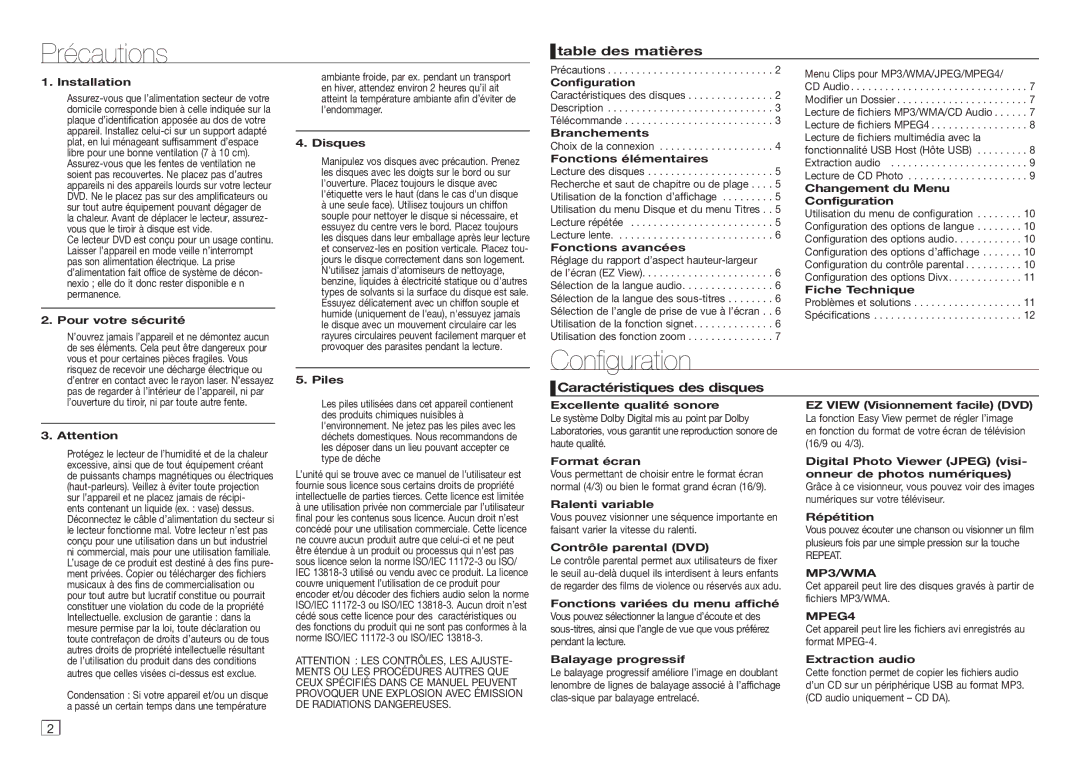 Samsung DVD-D360/XN, DVD-D360/EN, DVD-D360/ZF Précautions, Configuration, Table des matières, Caractéristiques des disques 