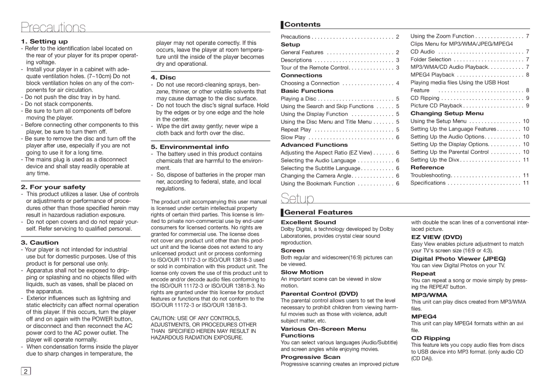 Samsung DVD-D360/ZF, DVD-D360/XN, DVD-D360/EN manual Precautions, Setup 