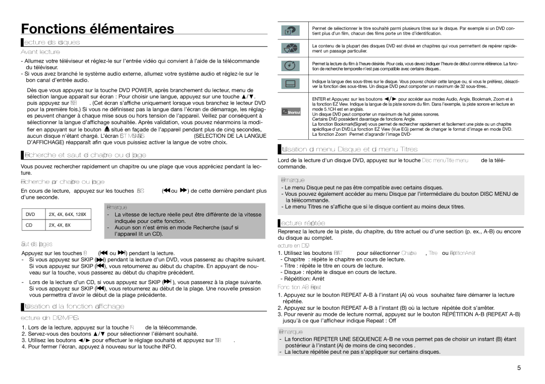 Samsung DVD-D360/XN, DVD-D360/EN, DVD-D360/ZF manual Fonctions élémentaires 