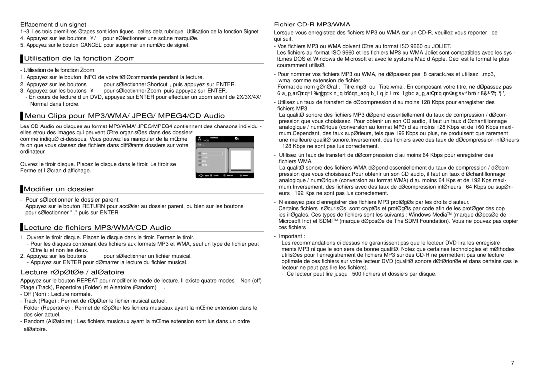 Samsung DVD-D360/ZF Effacement d’un signet, Utilisation de la fonction Zoom, Menu Clips pour MP3/WMA/ JPEG/ MPEG4/CD Audio 