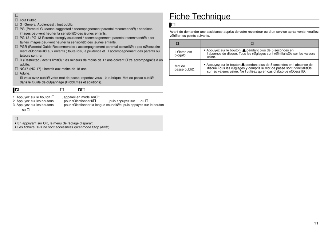 Samsung DVD-D360/XN, DVD-D360/EN manual Fiche Technique, Configuration des options DivX, Problèmes et solutions, Ou Enter 