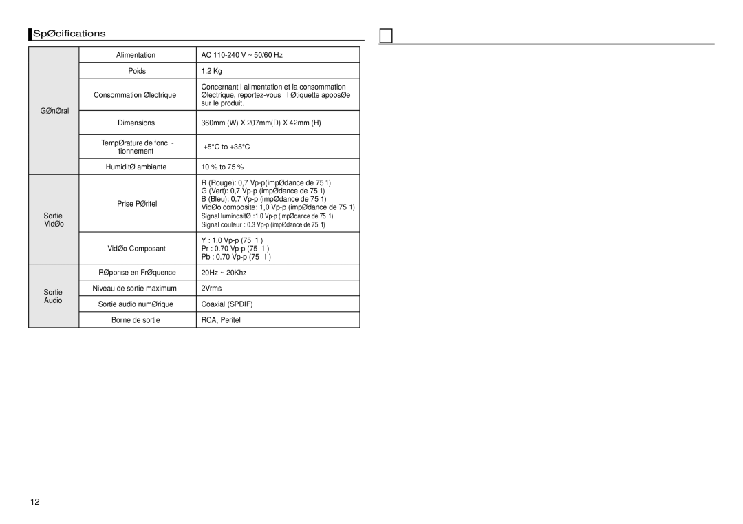 Samsung DVD-D360/EN, DVD-D360/XN, DVD-D360/ZF manual Spécifications, Général, Prise Péritel, Vidéo, Audio 