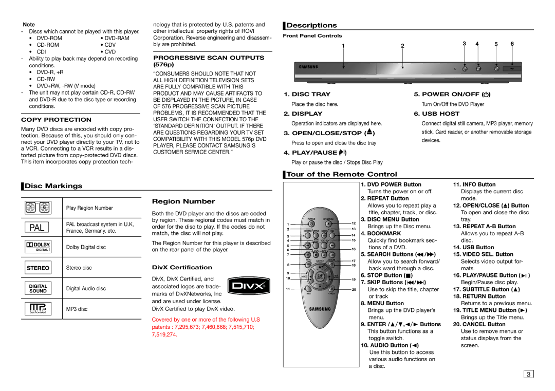 Samsung DVD-D360/XN, DVD-D360/EN, DVD-D360/ZF manual Descriptions, Tour of the Remote Control Disc Markings, Region Number 