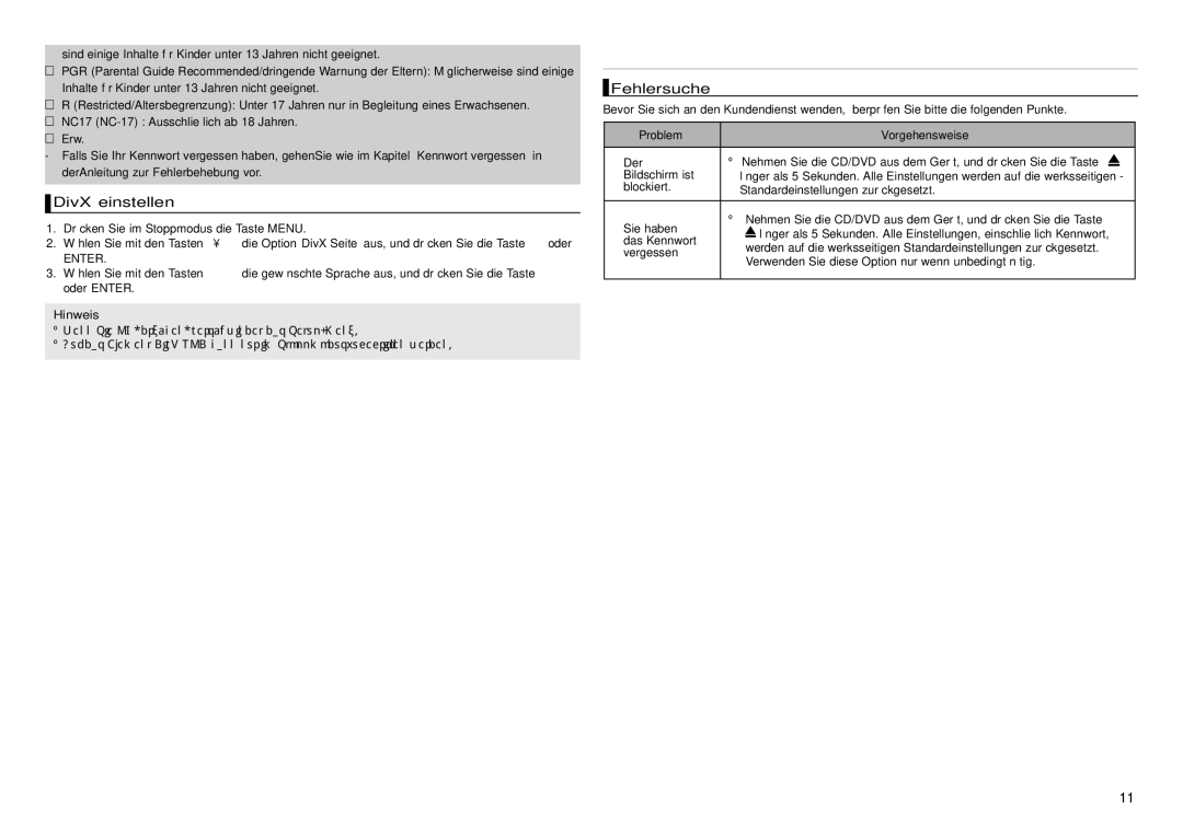 Samsung DVD-D360/EN, DVD-D360/XN, DVD-D360/ZF Weitere informationen, DivX einstellen, Fehlersuche, Problem Vorgehensweise 