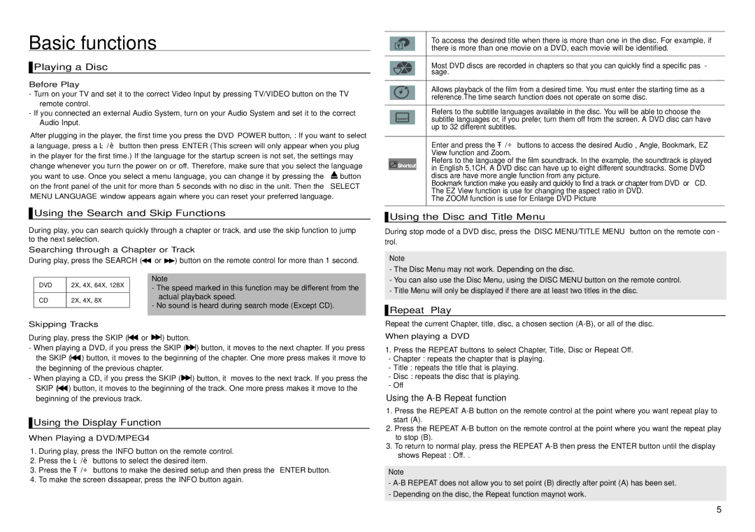 Samsung DVD-D360/ZF, DVD-D360/XN, DVD-D360/EN manual Basic functions 