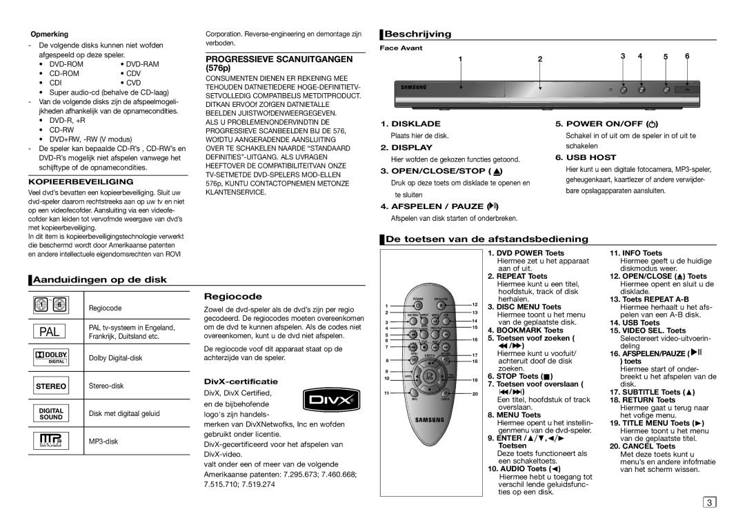 Samsung DVD-D360/XN manual Progressieve Scanuitgangen 576p, Beschrijving, De toetsen van de afstandsbediening, Regiocode 