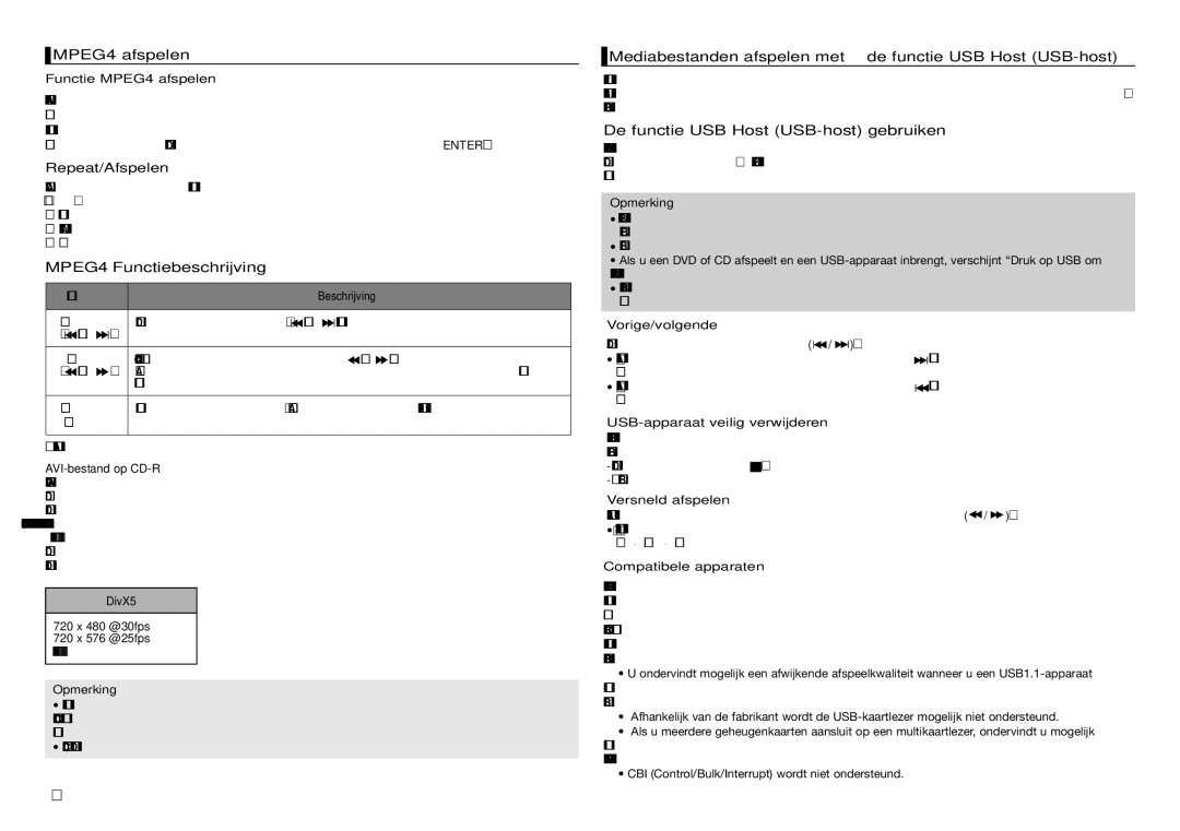 Samsung DVD-D360/ZF MPEG4 afspelen, Repeat/Afspelen, MPEG4 Functiebeschrijving, De functie USB Host USB-host gebruiken 