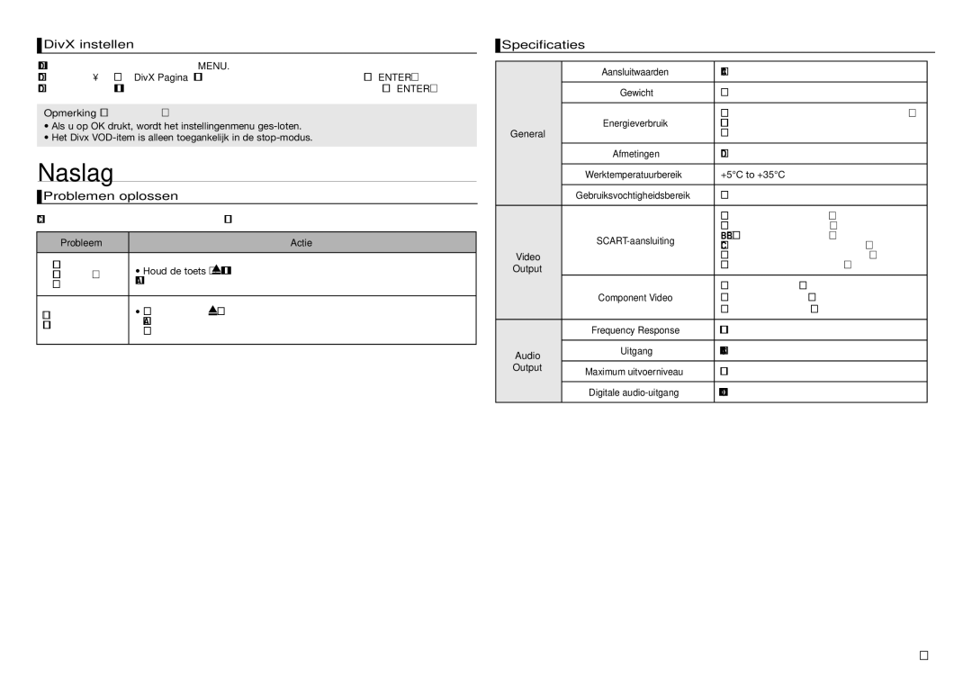 Samsung DVD-D360/ZF, DVD-D360/XN, DVD-D360/EN manual Naslag, DivX instellen, Problemen oplossen, Specificaties 