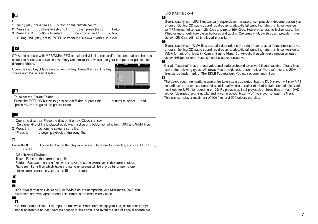 Samsung DVD-D360/EN, DVD-D360/XN Using the Zoom Function, Clips Menu for MP3/WMA/JPEG/MPEG4/CD Audio, Folder Selections 