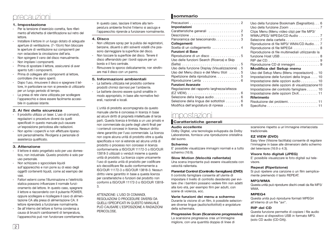 Samsung DVD-D360/ZF manual Precauzioni, Impostazioni, Sommario 