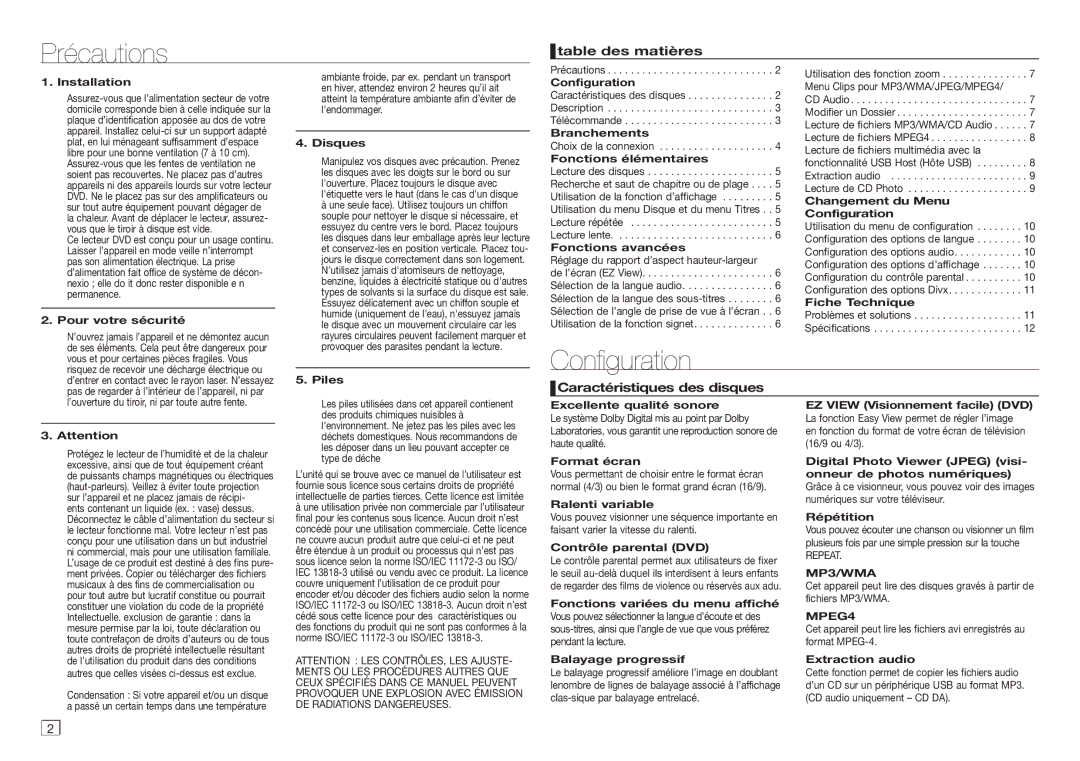 Samsung DVD-D360/ZF manual Précautions, Configuration, Table des matières, Caractéristiques des disques 