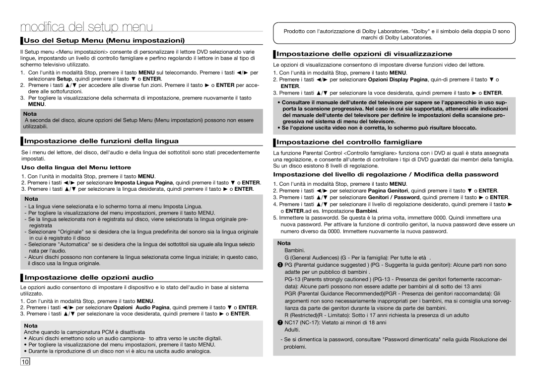 Samsung DVD-D360/ZF manual Modifica del setup menu 