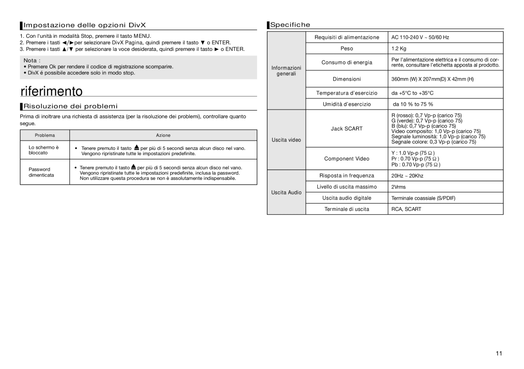 Samsung DVD-D360/ZF manual Riferimento, Impostazione delle opzioni DivX, Risoluzione dei problemi, Specifiche 