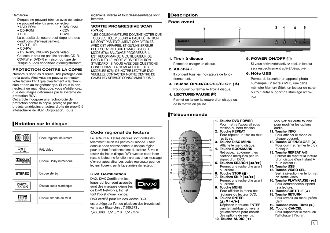 Samsung DVD-D360/ZF manual Description Face avant, Notation sur le disque Télécommande, Code régional de lecture 