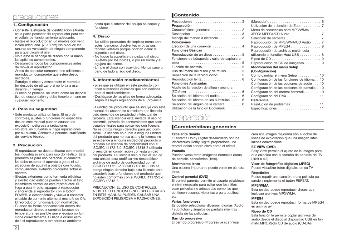 Samsung DVD-D360/ZF manual Precauciones, Preparación, Contenido, Características generales 