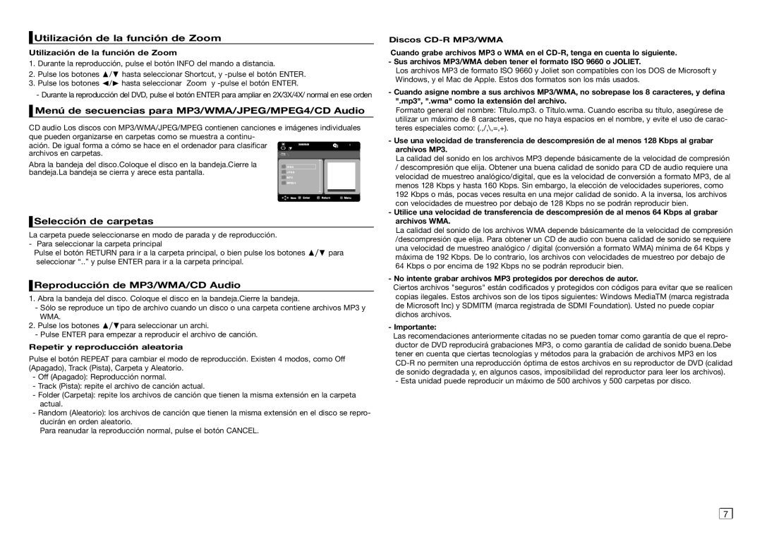 Samsung DVD-D360/ZF manual Utilización de la función de Zoom, Menú de secuencias para MP3/WMA/JPEG/MPEG4/CD Audio 