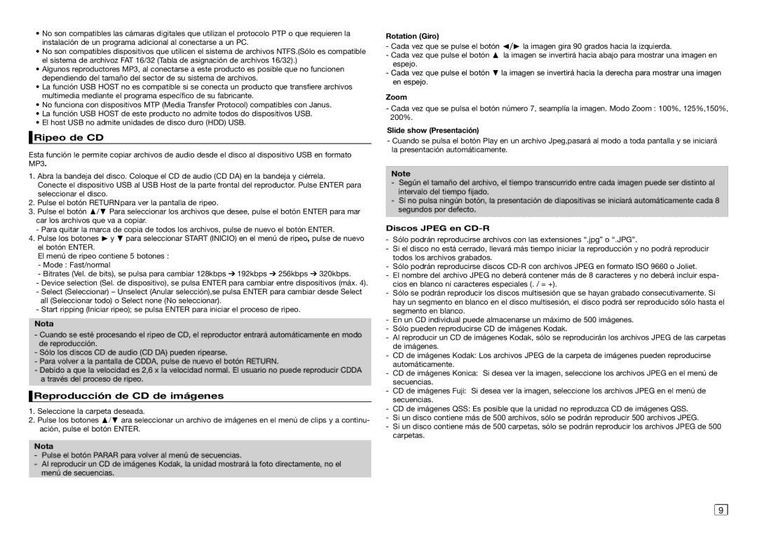 Samsung DVD-D360/ZF manual Ripeo de CD, Reproducción de CD de imágenes, Rotation Giro, Slide show Presentación 