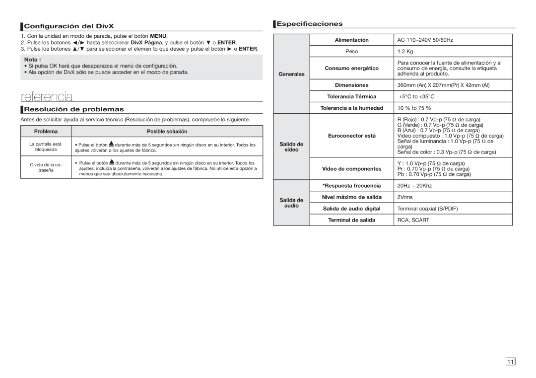 Samsung DVD-D360/ZF manual Referencia, Configuración del DivX, Resolución de problemas, Especificaciones 