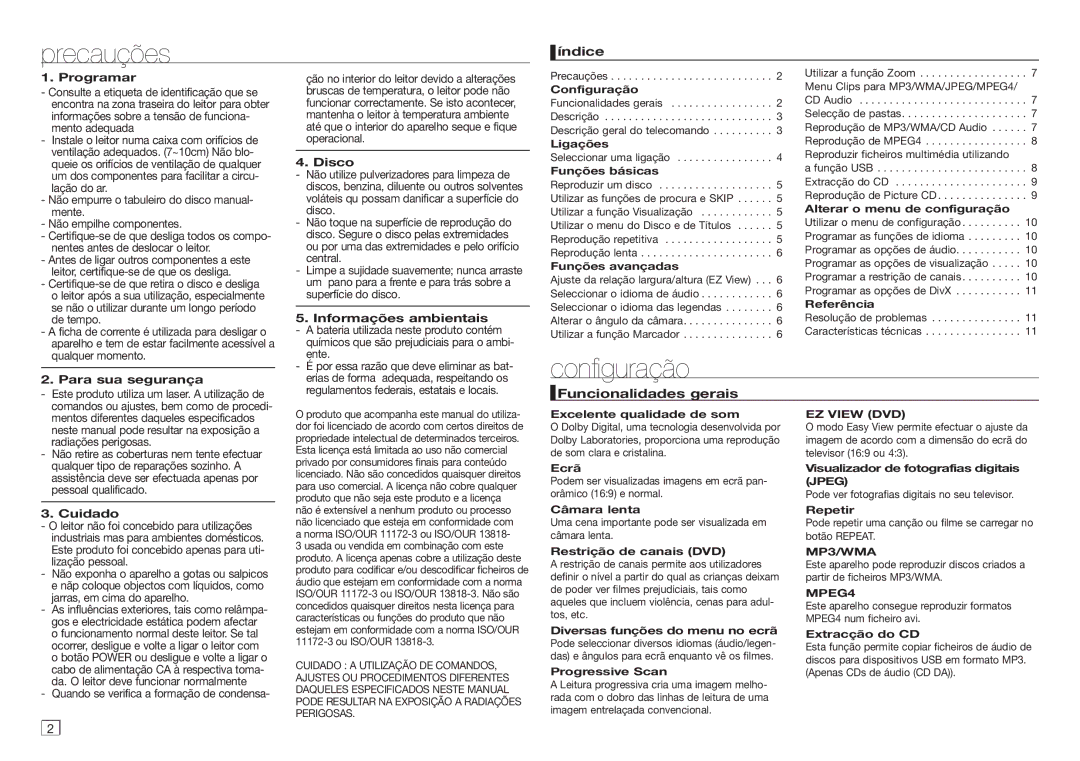 Samsung DVD-D360/ZF manual Precauções, Configuração 