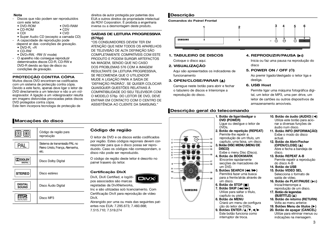 Samsung DVD-D360/ZF manual Descrição geral do telecomando Marcações do disco, Código de região 