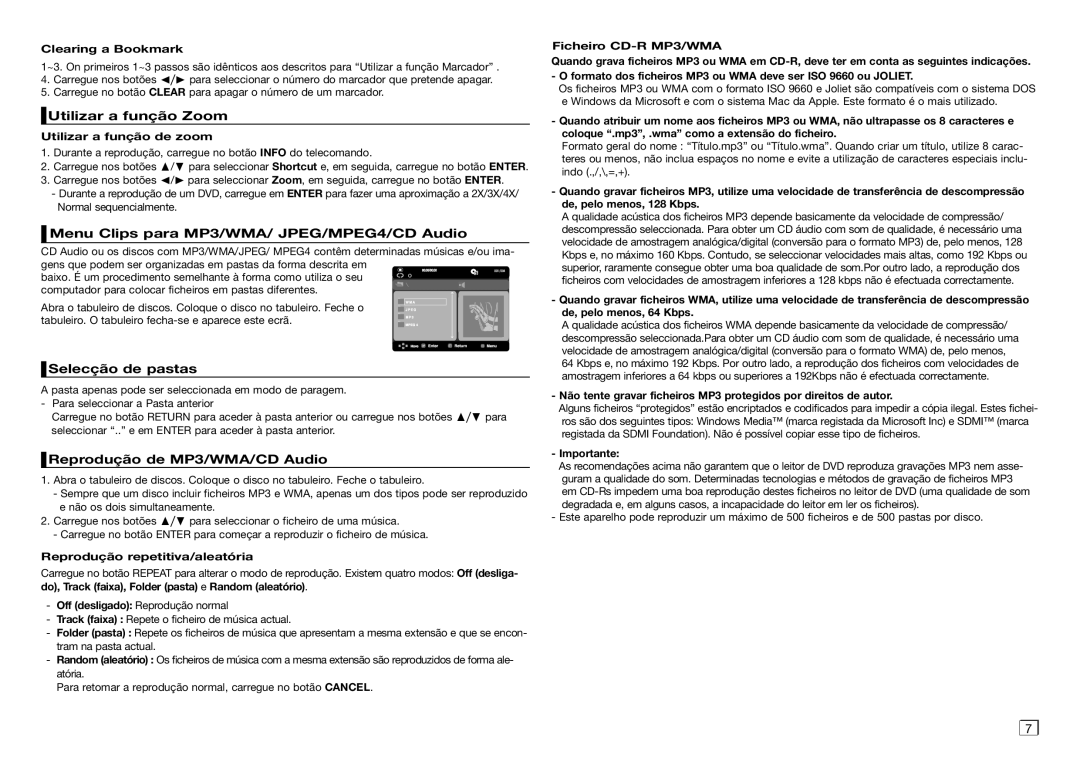 Samsung DVD-D360/ZF manual Utilizar a função Zoom, Menu Clips para MP3/WMA/ JPEG/MPEG4/CD Audio, Selecção de pastas 