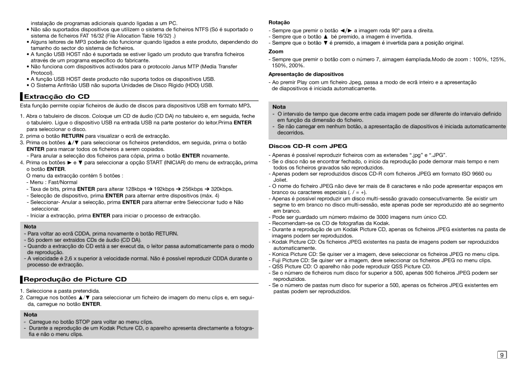Samsung DVD-D360/ZF Extracção do CD, Reprodução de Picture CD, Rotação, Apresentação de diapositivos, Discos CD-R com Jpeg 