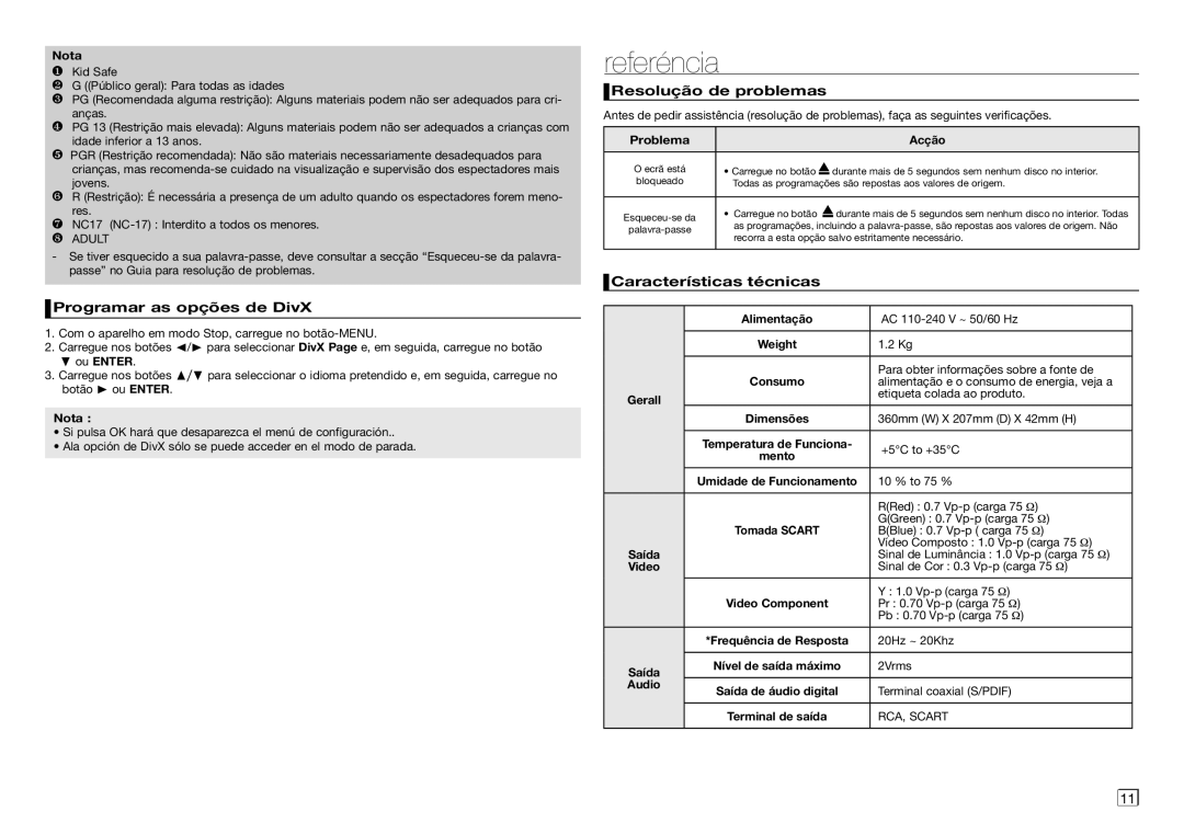 Samsung DVD-D360/ZF manual Referéncia, Programar as opções de DivX, Resolução de problemas, Características técnicas 