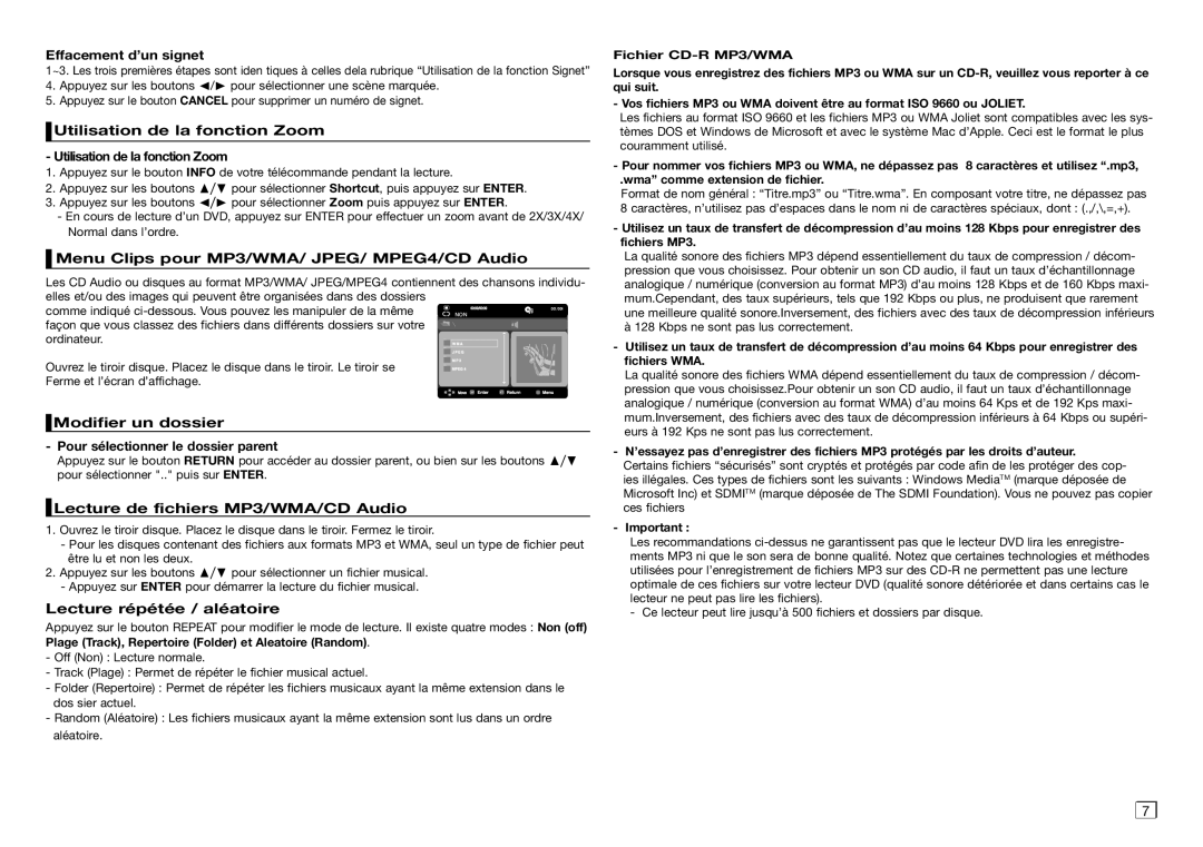 Samsung DVD-D360/ZF Effacement d’un signet, Utilisation de la fonction Zoom, Menu Clips pour MP3/WMA/ JPEG/ MPEG4/CD Audio 